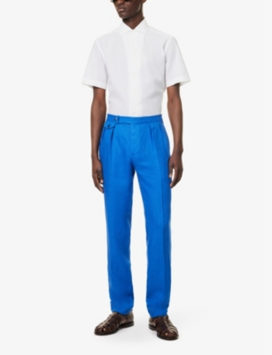 Shop Polo Ralph Lauren Mens Heritage Blue Pleated Straight-leg Slim-fit Linen Trousers