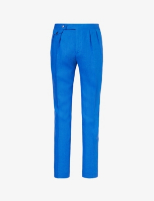 Shop Polo Ralph Lauren Mens Heritage Blue Pleated Straight-leg Slim-fit Linen Trousers