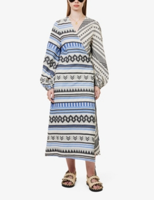 Shop Devotion Twins Women's Blue/black Ariel Geometric-pattern Cotton Maxi Dress