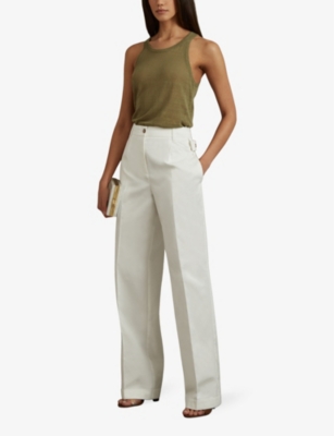 Shop Reiss Women's White Harper Pressed-creased Wide-leg Mid-rise Cotton Trousers