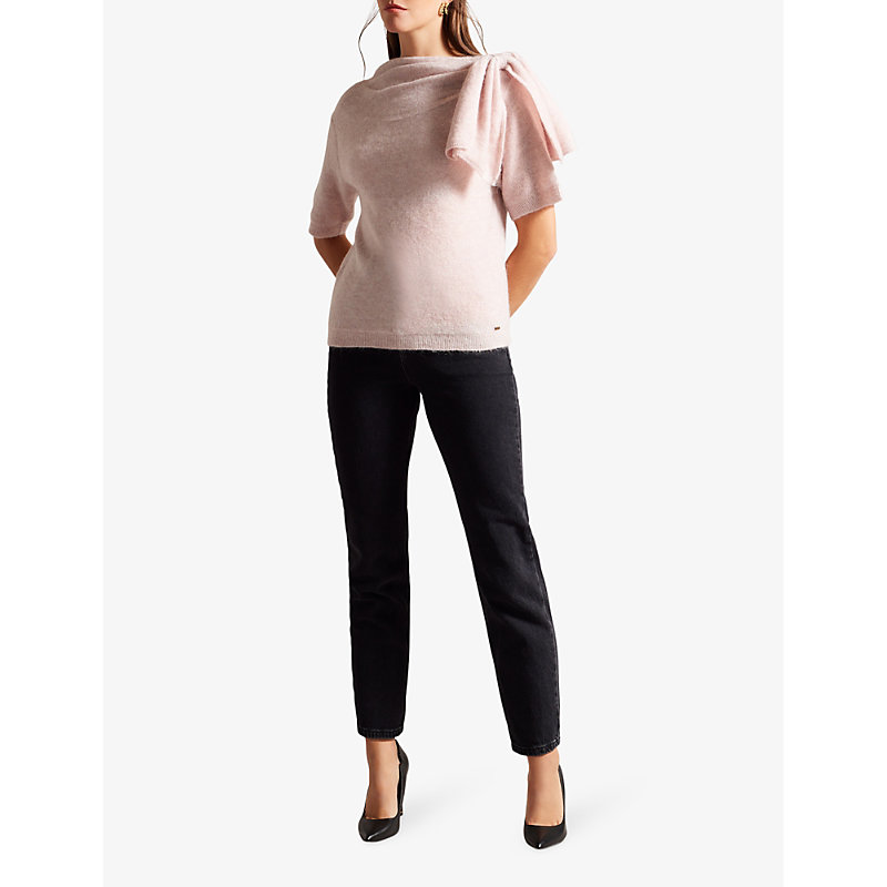 Shop Ted Baker Women's Pl-pink Teebow Bow-embellished Short-sleeve Wool-blend T-shirt