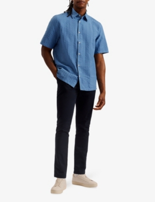 Shop Ted Baker Men's Blue Hilma Striped Seersucker-textured Stretch-cotton Shirt
