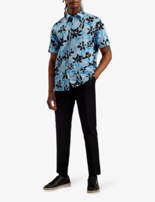 Shop Ted Baker Men's Sky-blue Verzee Floral-print Regular-fit Lyocell, Cotton And Linen Shirt