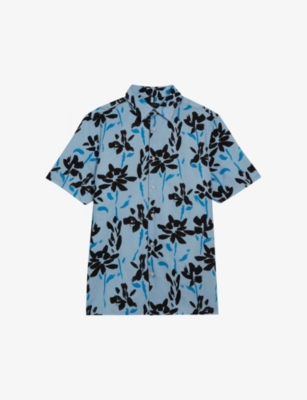 Ted Baker Verzee Floral-print Regular-fit Lyocell, Cotton And Linen Shirt In Sky-blue