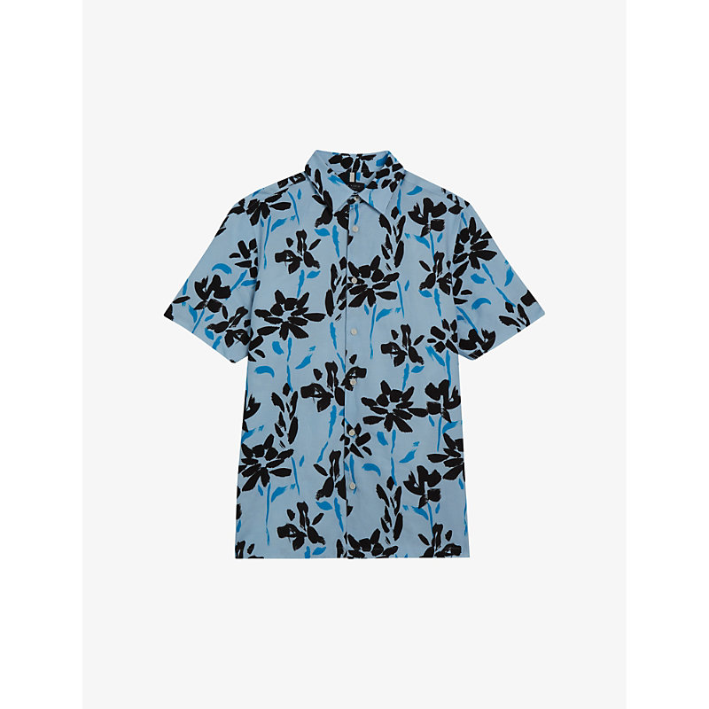Ted Baker Mens Sky-blue Verzee Floral-print Regular-fit Lyocell, Cotton And Linen Shirt