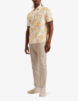 Shop Ted Baker Men's Yellow Verzee Floral-print Regular-fit Lyocell, Cotton And Linen Shirt