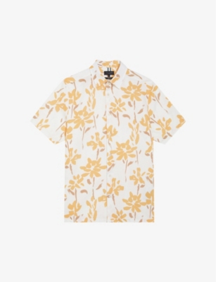 Ted Baker Men's Yellow Verzee Floral-print Regular-fit Lyocell, Cotton And Linen Shirt