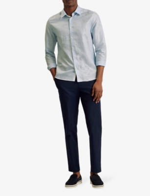 Shop Ted Baker Men's Lt-blue Romeos Long-sleeve Regular-fit Linen-blend Shirt