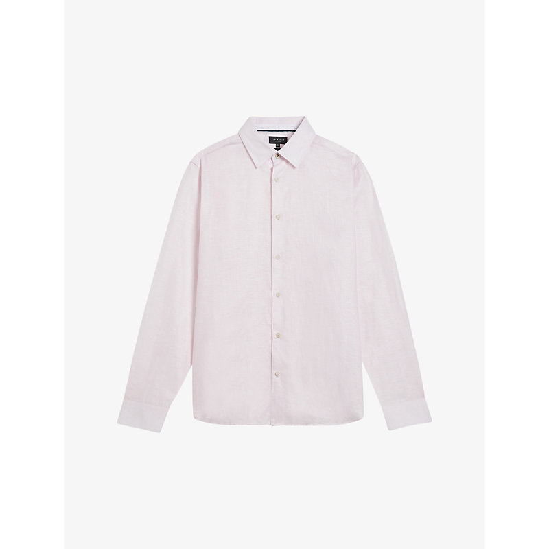 Shop Ted Baker Men's Mid-pink Romeos Long-sleeve Regular-fit Linen-blend Shirt