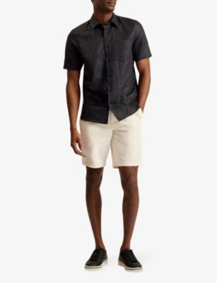 Shop Ted Baker Men's Black Palomas Regular-fit Short-sleeve Linen And Cotton-blend Shirt