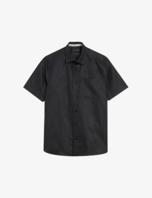 Shop Ted Baker Palomas Regular-fit Short-sleeve Linen And Cotton-blend Shirt In Black