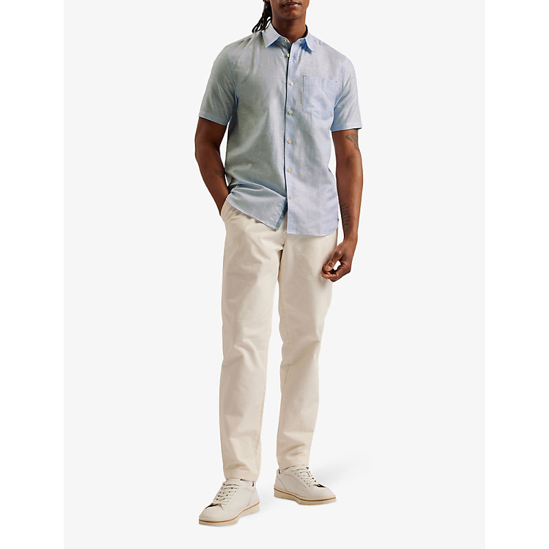 Shop Ted Baker Men's Blue Palomas Regular-fit Short-sleeve Linen And Cotton-blend Shirt