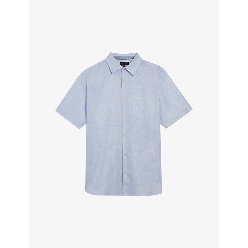 Shop Ted Baker Men's Blue Palomas Regular-fit Short-sleeve Linen And Cotton-blend Shirt