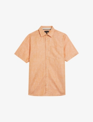 Shop Ted Baker Mens Dk-orange Palomas Regular-fit Short-sleeve Linen And Cotton-blend Shirt
