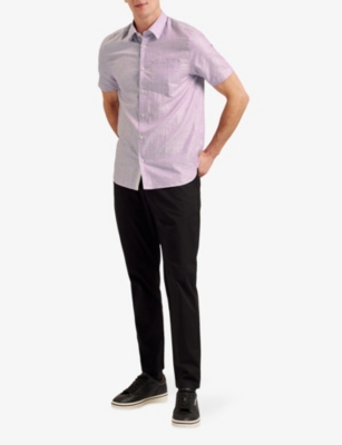 Shop Ted Baker Men's Purple Palomas Regular-fit Short-sleeve Linen And Cotton-blend Shirt