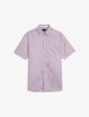 Shop Ted Baker Men's Purple Palomas Regular-fit Short-sleeve Linen And Cotton-blend Shirt