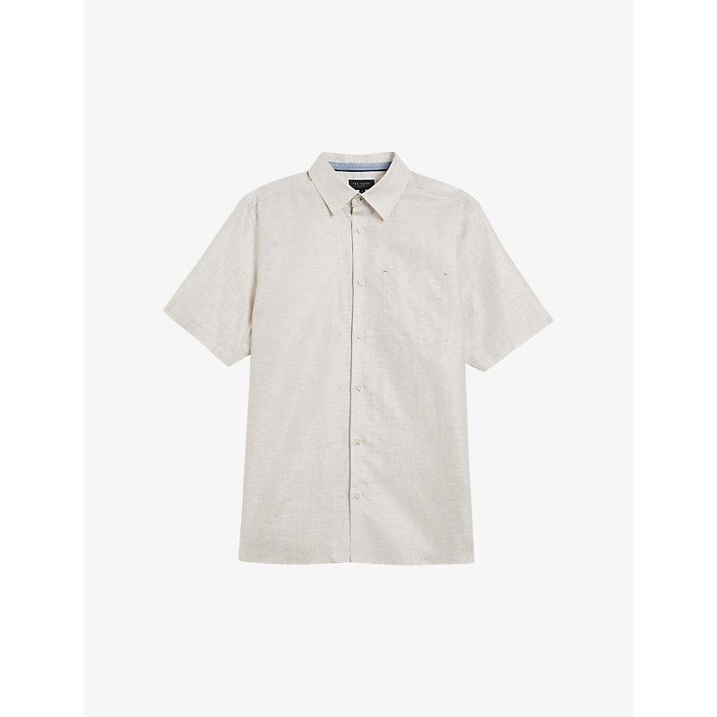 Shop Ted Baker Men's Stone Palomas Regular-fit Short-sleeve Linen And Cotton-blend Shirt