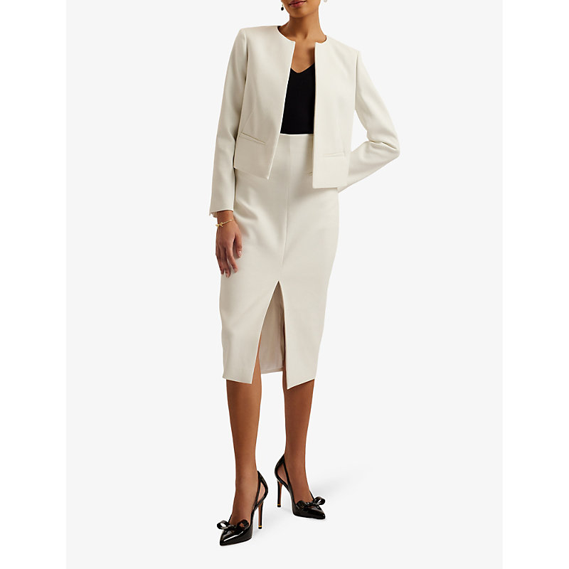 Shop Ted Baker Manabuj Round-neck Cropped Stretch-woven Jacket In White