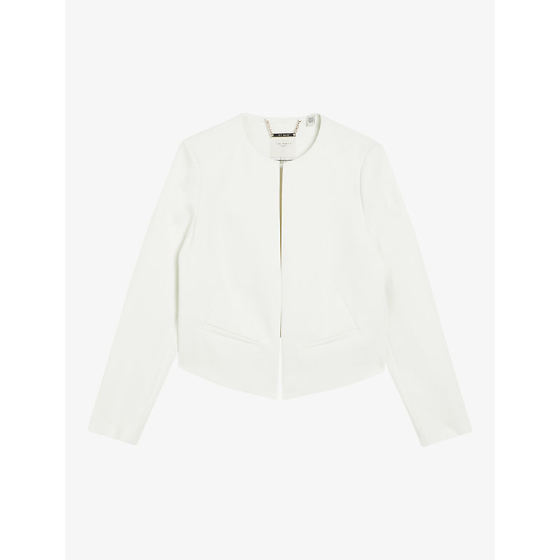 Shop Ted Baker Women's White Manabuj Round-neck Cropped Stretch-woven Jacket