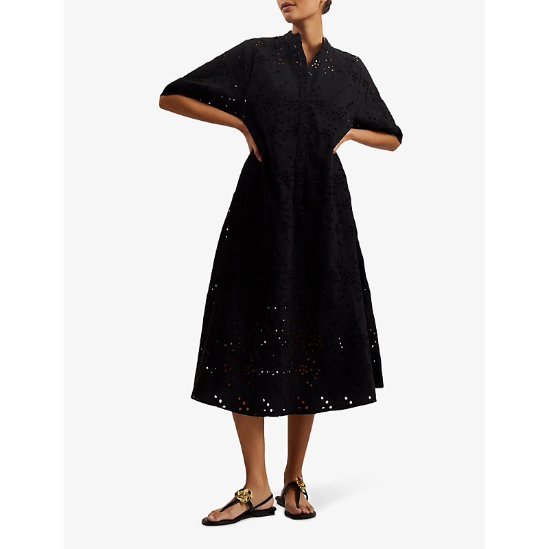 Shop Ted Baker Nikaia Broderie-anglaise Relaxed-fit Cotton Midi Dress In Black