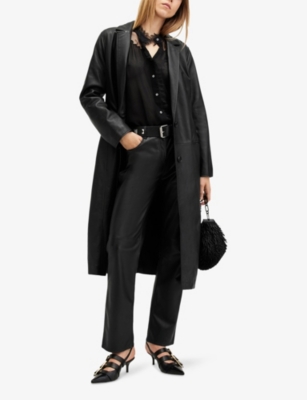 Allsaints Womens Aire Regular-fit Long-line Leather Coat Black In Black