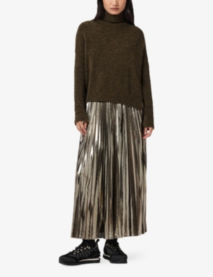 Allsaints Womens Bronze Brown Spark High-neck Pleated-skirt Wool-blend Midi Dress In Brown