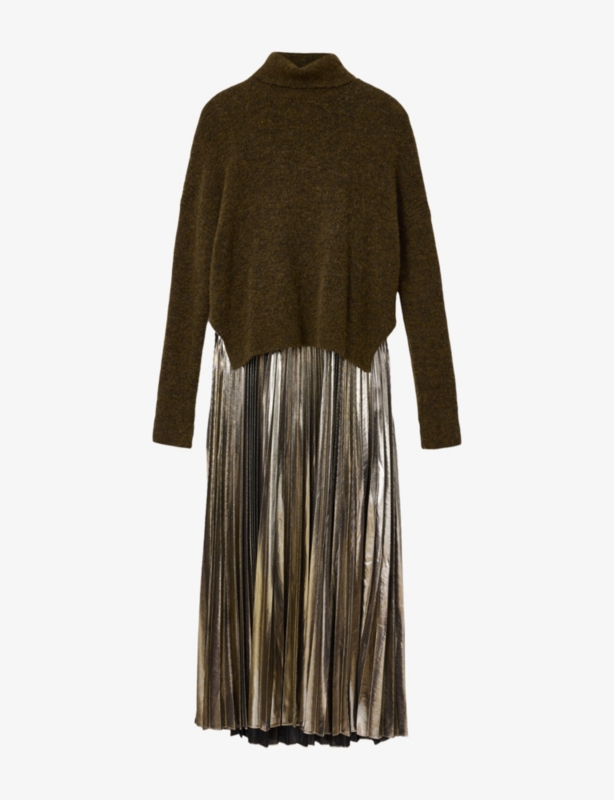 Spark high-neck pleated-skirt wool-blend midi dress
