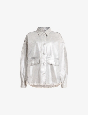 Allsaints Womens Hettie Oversized Metallic-denim Jacket Coated Silver