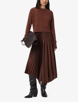 Allsaints Womens Jax 2-in-1 Pleated Maxi Dress Chestnut Brown In Brown