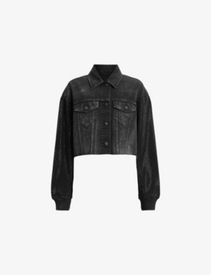 Allsaints Womens Anders Embellished-sleeve Denim Jacket Washed Black