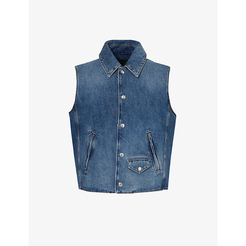 Shop Givenchy Mens Blue Sleeveless Flap-pocket Denim Vest