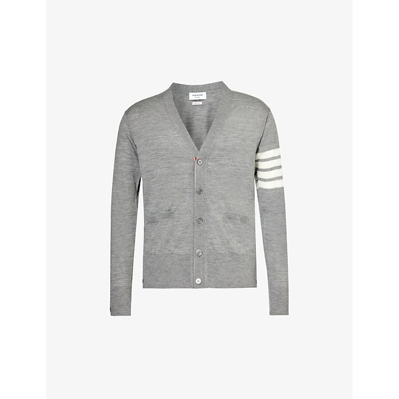 Shop Thom Browne Four-bar V-neck Wool-knitted Cardigan In Grey