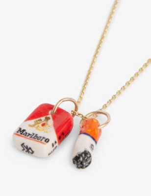 Oks Womens Gold Cigarette Box And Butt 14ct Yellow-gold And Porcelain Pendant Necklace In Gold