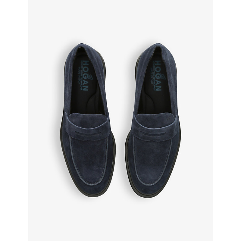 Shop Hogan Mens Navy H576 Chunky-sole Suede Penny Loafers