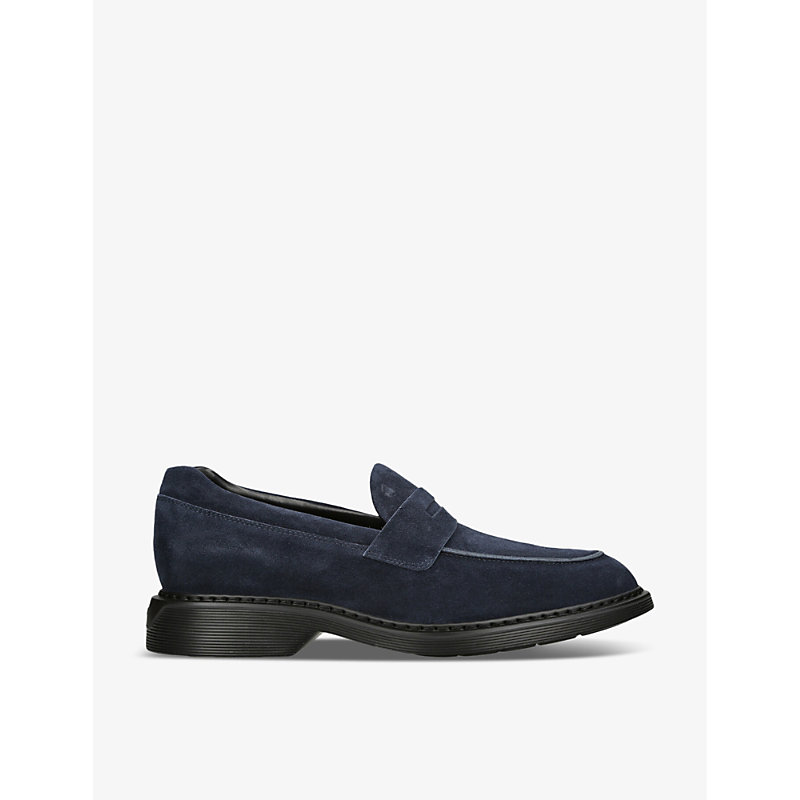 Shop Hogan Men's Navy H576 Chunky-sole Suede Penny Loafers