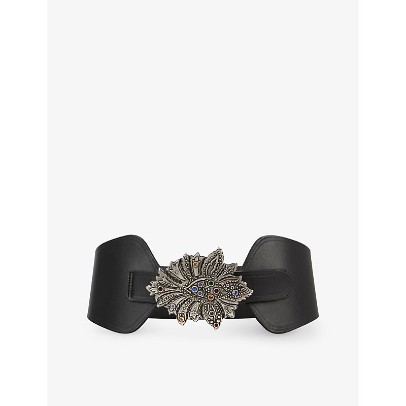 The Kooples Womens Black Rhinestone-embellished Wide Leather Belt
