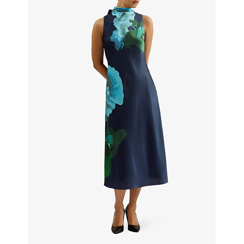 Shop Ted Baker Timava Floral-print Cowl-neck Woven Midi Dress In Navy