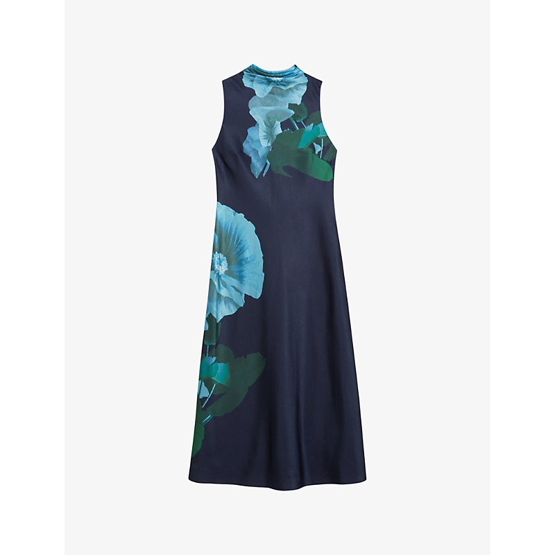 Shop Ted Baker Women's Navy Timava Floral-print Cowl-neck Woven Midi Dress