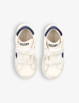 Shop Golden Goose Boys White/navy Kids' June Logo-print Leather Low-top Trainers