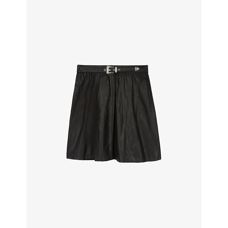 Shop The Kooples Womens Black Belted-waist High-rise Leather Mini Skirt