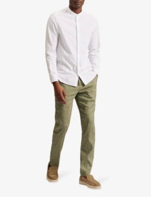 Shop Ted Baker Men's Green Majo Slim-fit Straight-leg Mid-rise Linen-blend Trousers