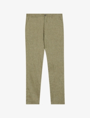 Shop Ted Baker Men's Green Majo Slim-fit Straight-leg Mid-rise Linen-blend Trousers