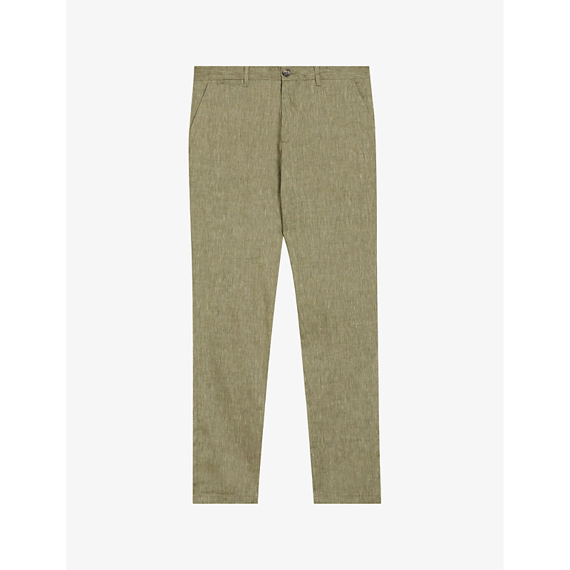 Shop Ted Baker Mens Green Majo Slim-fit Straight-leg Mid-rise Linen-blend Trousers