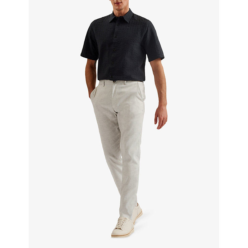 Shop Ted Baker Men's Lt-grey Majo Slim-fit Straight-leg Mid-rise Linen-blend Trousers