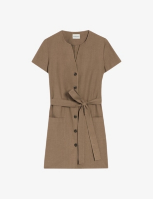 CLAUDIE PIERLOT: Round-neck belted-waist short-sleeve cotton mini dress