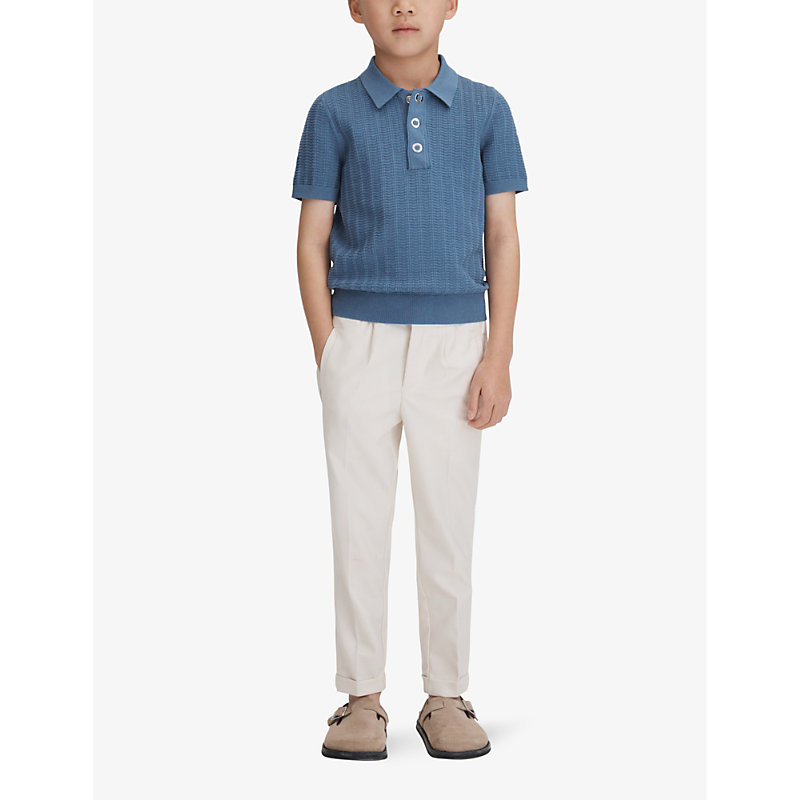 Shop Reiss Boys Cornflower Blue Kids Pascoe Textured Stretch-knit Polo Shirt 3-14 Years