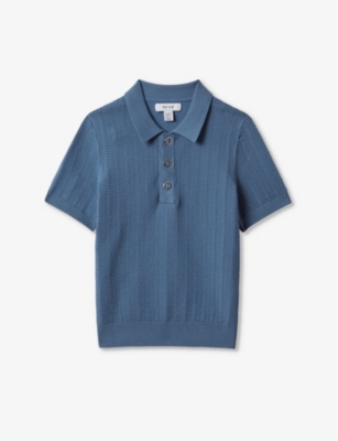 Reiss Boys Cornflower Blue Kids Pascoe Textured Stretch-knit Polo Shirt 3-14 Years