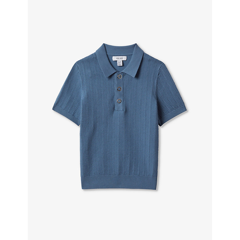Reiss Boys Cornflower Blue Kids Pascoe Textured Stretch-knit Polo Shirt 3-14 Years