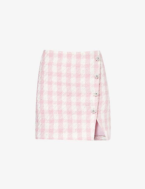 SELF-PORTRAIT: Bouclé-texture embellished-button woven mini skirt
