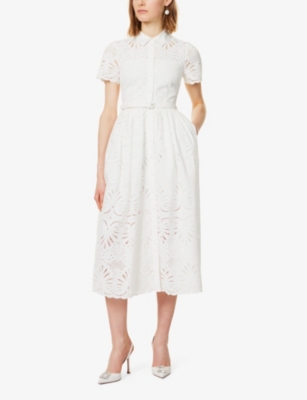 Shop Self-portrait Women's White Broderie-anglaise Belted-waist Cotton Midi Dress